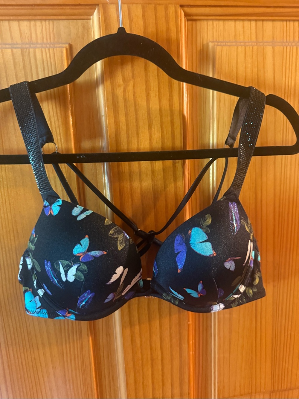 Victoria's Secret Bombshell Black Bikini Top with Blue & Teal Butterfly Print